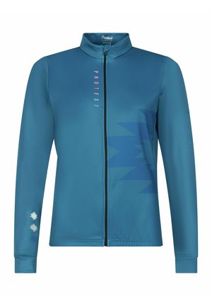 Blauwe zip-up jas met een hoge kraag, voorzien van een grafisch patroon en logo-afdruk in contrasterende kleuren op de voorkant en mouw.