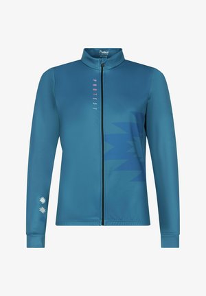 Blauwe zip-up jas met een hoge kraag, voorzien van een grafisch patroon en logo-afdruk in contrasterende kleuren op de voorkant en mouw.