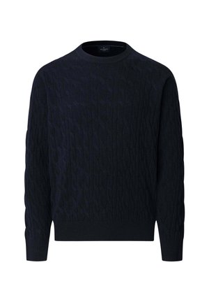 Marineblauwe gebreide trui met kabelpatroon, ronde hals en geribbelde manchetten en onderrand. Gemaakt van zachte stof voor warmte en comfort.