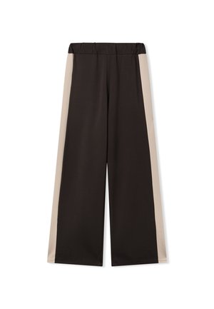 Pantaloni larghi realizzati in tessuto morbido, con un corpo principale nero e pannelli laterali beige, dotati di una cintura elastica.