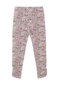 Lichtroze leggings met een bloemenpatroon van peren en madeliefjes. Rekbare stof, elastische tailleband, taps toelopend ontwerp.