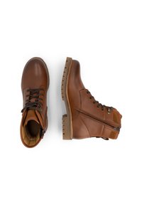 Bruine leren enkellaarzen met een stevige constructie, voorzien van veters, een zijrits en een getextureerde rubberen zool. Binnenin gevoerd voor comfort.