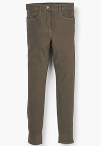 Olivově zelené denimové kalhoty s přiléhavým střihem, pěti kapsami a knoflíkovým zapínáním v pase. Hladká textura a čisté linie.