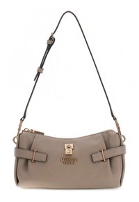 Gray faux leather handbag with gold hardware, two adjustable straps, a secured zipper, and front logo detailing.