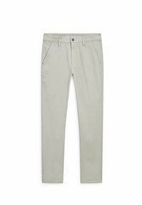 Lichtgrijze chinos van zachte stof, met voorzakken, een knoopsluiting en een getailleerde pasvorm met een taps toelopend pijpdesign.