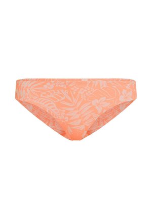Braguita de bikini naranja con un patrón floral en blanco. Textura suave, diseño de tiro bajo, cintura elástica, estilo minimalista adecuado para ropa de playa.
