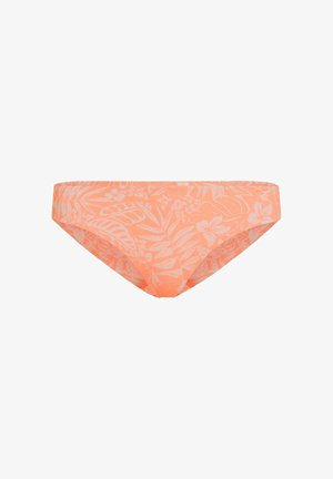 Braguita de bikini naranja con un patrón floral en blanco. Textura suave, diseño de tiro bajo, cintura elástica, estilo minimalista adecuado para ropa de playa.