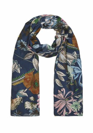 Marineblauwe sjaal met meerkleurige grote bloemen- en bladpatronen in tinten van roze, groen, wit, bruin en blauw, gelijkmatig gerangschikt.