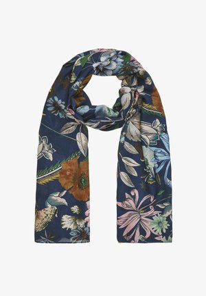 Marineblauwe sjaal met meerkleurige grote bloemen- en bladpatronen in tinten van roze, groen, wit, bruin en blauw, gelijkmatig gerangschikt.