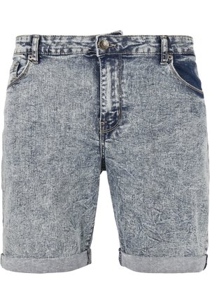 Lyseblå acid-wash denimshorts med op rullede kanter, for-trykknap og lynlåslukning samt lommer foran og bagpå.