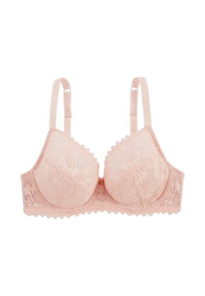 Soutien-gorge en dentelle rose clair avec bretelles réglables et bords festonnés sur les bonnets et la bande, présenté sur fond blanc.