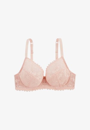 Soutien-gorge en dentelle rose clair avec bretelles réglables et bords festonnés sur les bonnets et la bande, présenté sur fond blanc.