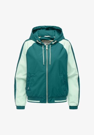 Vetoketjullinen huppari, jossa on teal-värinen runko, vaaleanvihreät hihat, etutaskut, joustavat hihansuut ja kiristysnauhalla varustettu huppu.