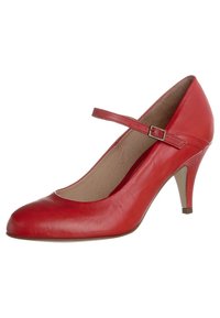 Červené kožené Mary Jane lodičky s kulatou špičkou, ankletovým páskem a 7,5 cm jehlovým podpatkem. Hladký povrch a minimalistický design.
