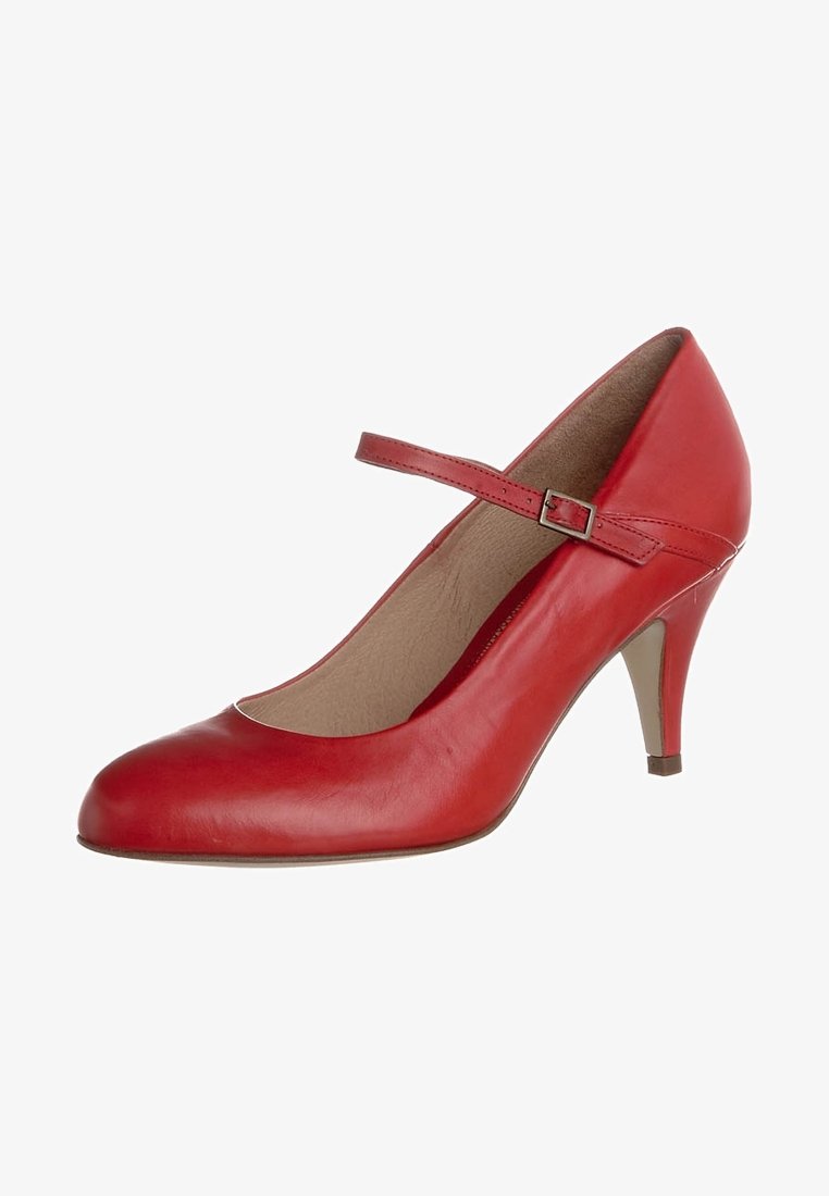 Red leather Mary Jane pump with a rounded toe, ankle strap, and a 3-inch stiletto heel. Smooth texture and minimalist design.
