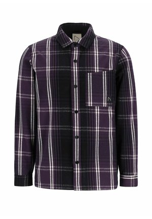 Camicia a quadri viola e nera con maniche lunghe e una tasca sul petto che presenta un piccolo etichetta nera con logo.
