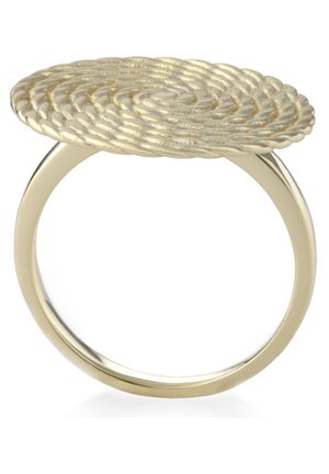 Goldener Ring mit einer breiten, flachen, strukturierten ovalen Oberseite mit einem geflochtenen Muster in Spiralform.