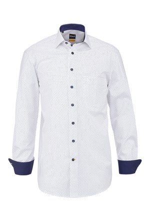Camicia da uomo bianca a maniche lunghe con piccoli puntini neri, colletto e polsini interni blu scuro e bottoni neri sul davanti.