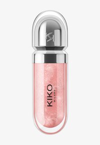 Gloss à lèvres KIKO Milano dans un tube transparent incurvé avec un capuchon arrondi métallique argenté, contenant un gloss rose scintillant à l'intérieur.