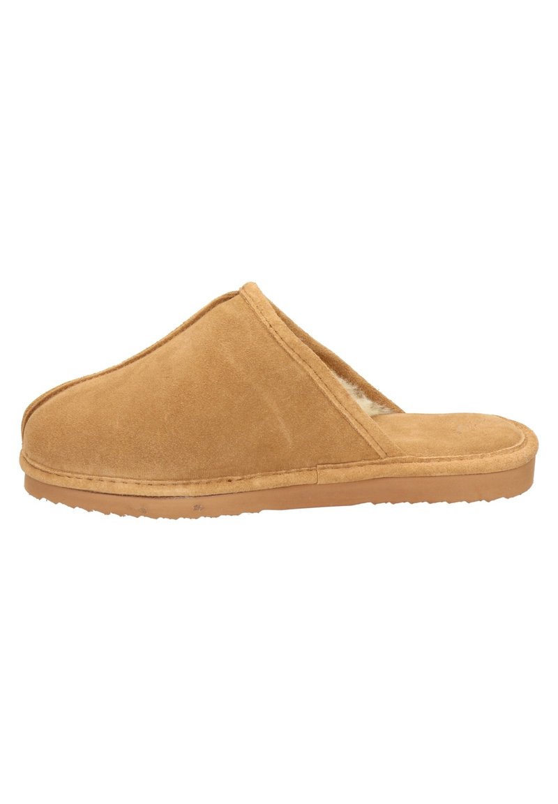 Tan suède instappantoffel met een afgeronde neus, een zachte binnenvoering en een flexibele rubberen zool. Beschikt over een gladde textuur en minimale stiksels.