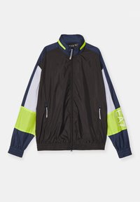 Black lightweight jacket with navy and lime green accents, featuring a zip front, mesh sections, elastic cuffs, and two side pockets.