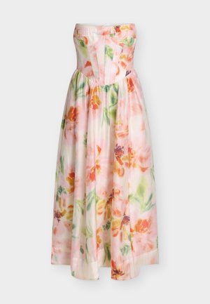 Rihmadeta pikk kleit, millel on vormitud korsett ja voolav seelik, millel pehme lillemuster pastelses roosa, rohelise ja oranži toonides.