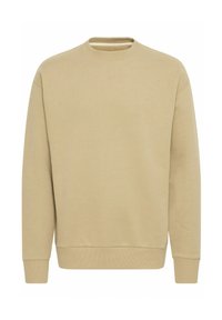 Beige sweatshirt met lange mouwen, ronde hals, ribgebreide manchetten en zoom. Gladde textuur zonder zichtbare patronen of graphics. Eenvoudig ontwerp.