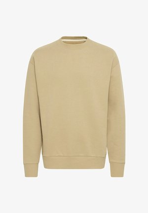 Beige sweatshirt with long sleeves, round neck, ribbed cuffs and hem. Smooth texture with no visible patterns or graphics. Simple design.