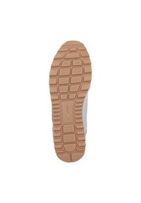 Die Schuhsohle besteht aus einem strukturierten Gummi-Material mit einer gemusterten Oberfläche und einer hellbraunen Farbe, die Halt und Stabilität bietet.