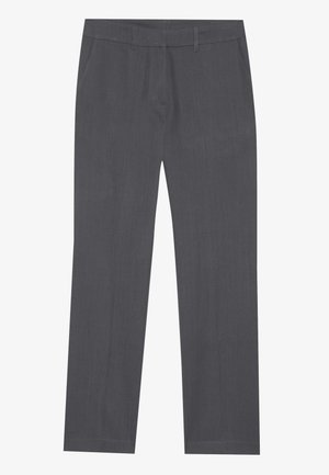 Pantalon gris en tissu lisse, présentant une coupe droite, des poches avant et une taille avec passants de ceinture.