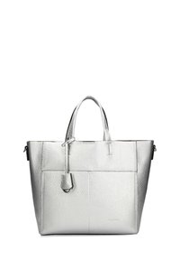 Silver textured tote bag with short handles, exterior pocket, and detachable tag; features a structured shape and smooth interior lining.