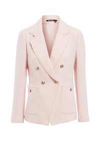 Helles rosa, doppelt geknöpftes Sakko aus strukturiertem Stoff. Mit goldfarbenen Knöpfen und fransigen Kanten an Revers und Taschen.