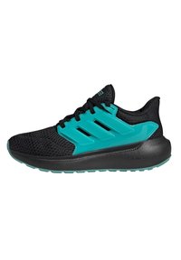 Des chaussures de sport noires avec une tige en maille respirante, des accents teal, un design à trois bandes et une semelle noire rembourrée pour le confort.