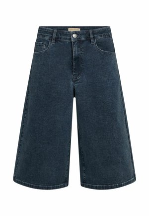 Mørkeblå denim knælange shorts med forlommer, bæltestropper, lynlås og knaplukning.