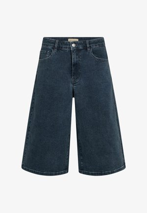 Sötétkék farmer térd fölötti rövidnadrág elülső zsebekkel, övbujtatókkal, cipzárral és gombos rögzítéssel.