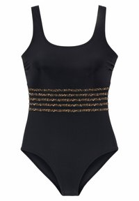 Zwarte badpak met vierkante halslijn, voorzien van horizontale gouden en bruine strepen over de taille. Glad textuur.