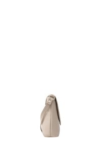 Borsa in pelle beige con forma strutturata, dotata di una pattina laterale e chiusura a scatto. Texture liscia con dettagli di cucitura visibili.