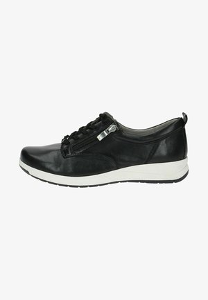 Black leather shoe with a rounded toe, lace-up design, side zipper, and a white rubber sole. Textured leather with a smooth finish.