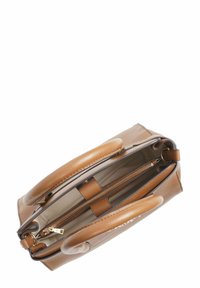 Sac à main en cuir marron avec deux poignées supérieures, compartiment principal zippé et un design élégant. Intérieur doublé de tissu, avec une poche zippée.