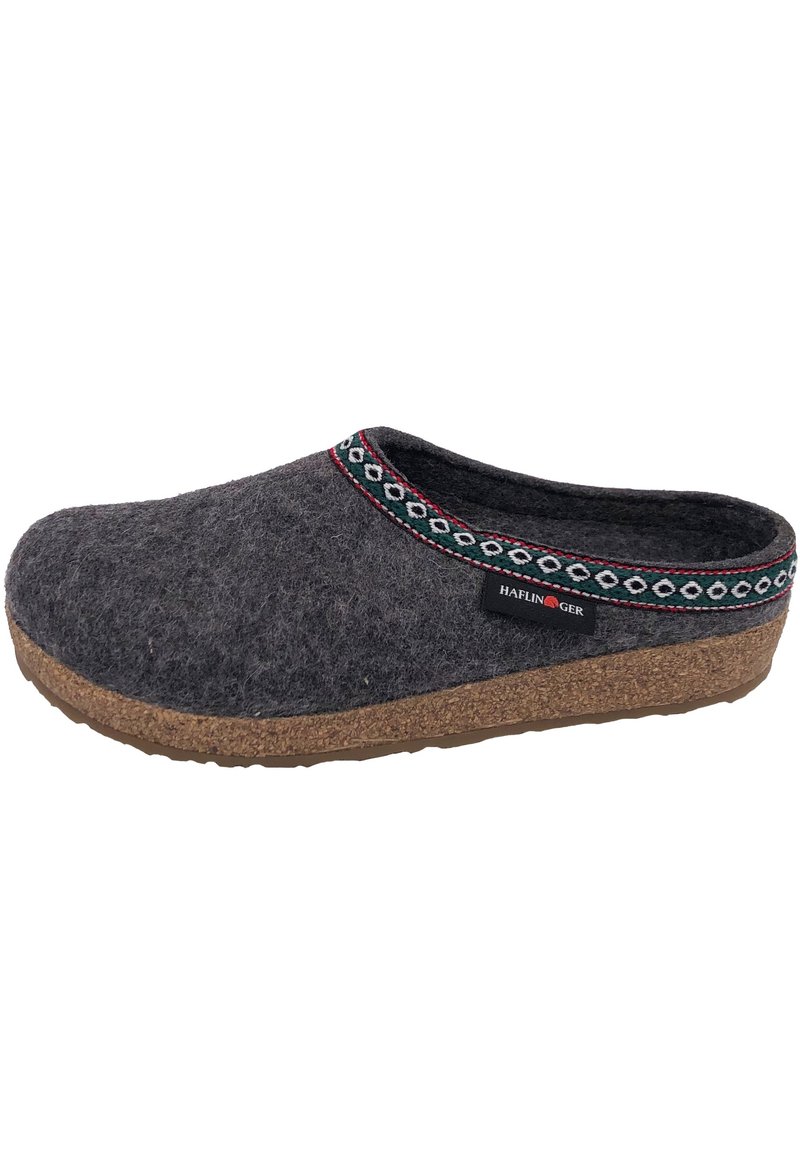 Gray felt slipper with a cork sole, featuring a decorative multicolored trim around the opening and a brand label on the side.