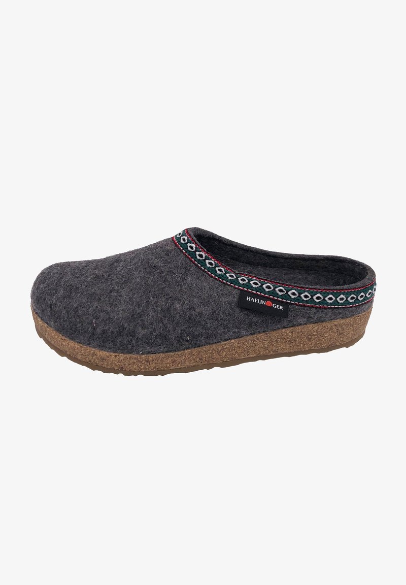 Gray felt slipper with a cork sole, featuring a decorative multicolored trim around the opening and a brand label on the side.