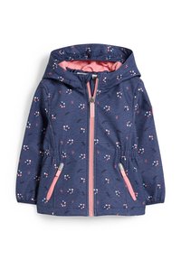 Marineblaues Jackett mit Blumenmuster, pinken Akzenten, Reißverschluss, verstellbarem Taillenbund und Kapuze. Verfügt über seitliche Taschen und ein weiches Innenfutter.