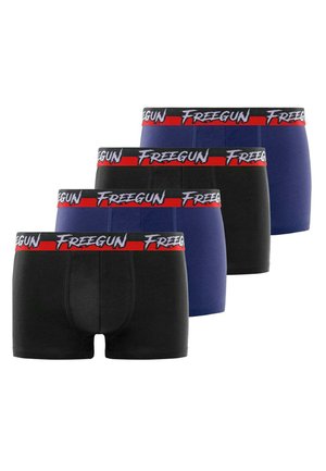 Ensemble de quatre boxers présentant des couleurs noire et bleue, avec une ceinture décorée d'un motif affichant le logo "Freegun" en blanc et des accents rouges.