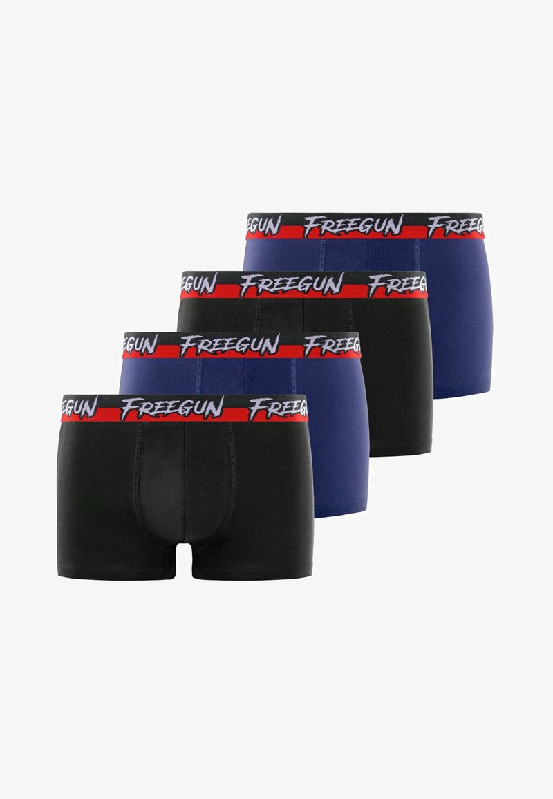 Ensemble de quatre boxers présentant des couleurs noire et bleue, avec une ceinture décorée d'un motif affichant le logo "Freegun" en blanc et des accents rouges.