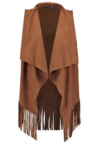 Chaleco de ante marrón con delantero abierto, que presenta una silueta drapeada y detalle de flecos en el dobladillo. Textura suave, sin cierres visibles.