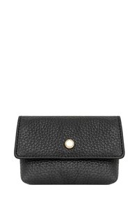 Czarny skórzany portfel o strukturalnej fakturze, z złotym zapięciem na zatrzask i prostokątnym kształcie. Kompaktowy design odpowiedni do małych przedmiotów.