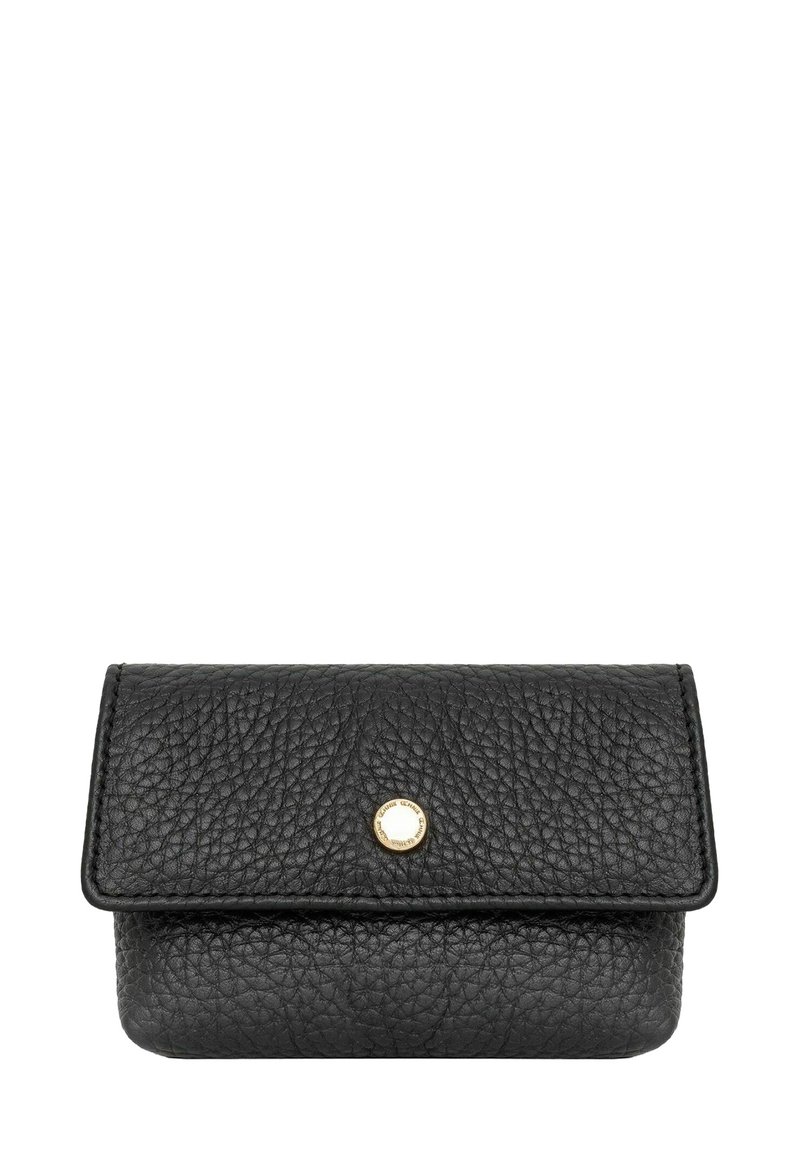 Czarny skórzany portfel o strukturalnej fakturze, z złotym zapięciem na zatrzask i prostokątnym kształcie. Kompaktowy design odpowiedni do małych przedmiotów.