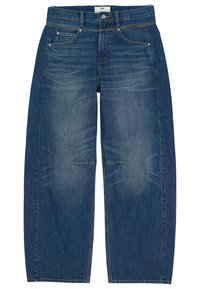 Ανδρικά μπλε τζιν denim με ίσια γραμμή, μπροστινές τσέπες, θηλιές για ζώνη, κούμπωμα με κουμπιά και διακριτικές ξεθωριασμένες λεπτομέρειες.