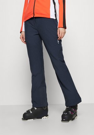 Navy ski pants made from weather-resistant material, featuring a straight-leg design, reinforced knees, and minimalist branding on the side.