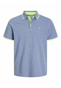 Blue polo shirt with a textured weave, contrasting neon green collar and cuffs, and a small logo on the chest. Two-button placket.
